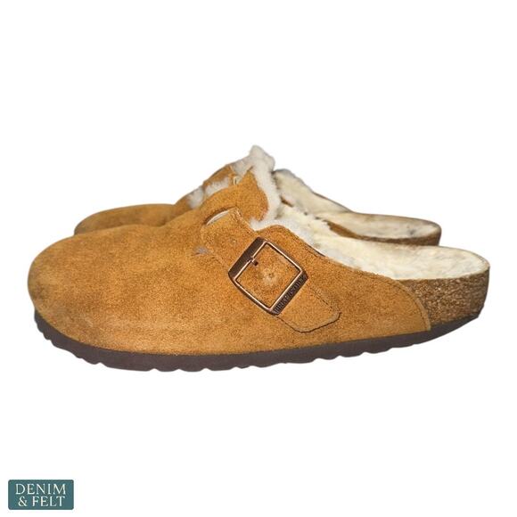 Birkenstock Boston Shearling Camel Suede Fuzzy Cozy Slip On Clogs Womens 7 - Picture 7 of 16